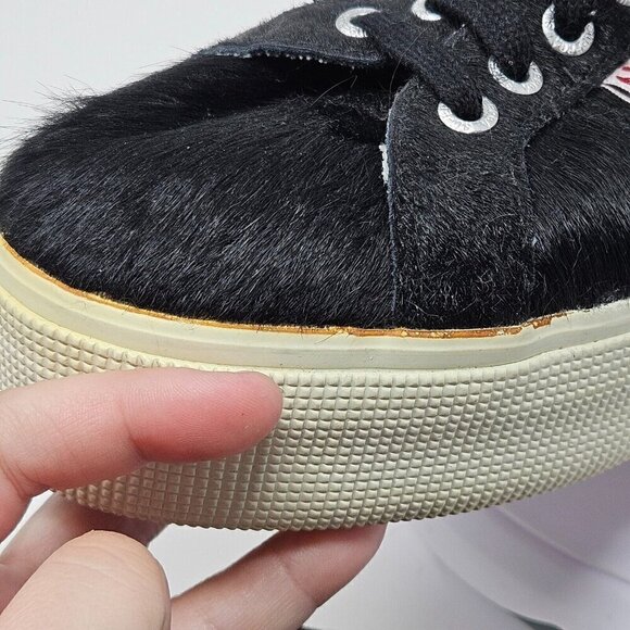 Superga Pony Hair Platform Sneakers Shoes Black & White Women’s Size 10 Lace Up - Picture 10 of 10